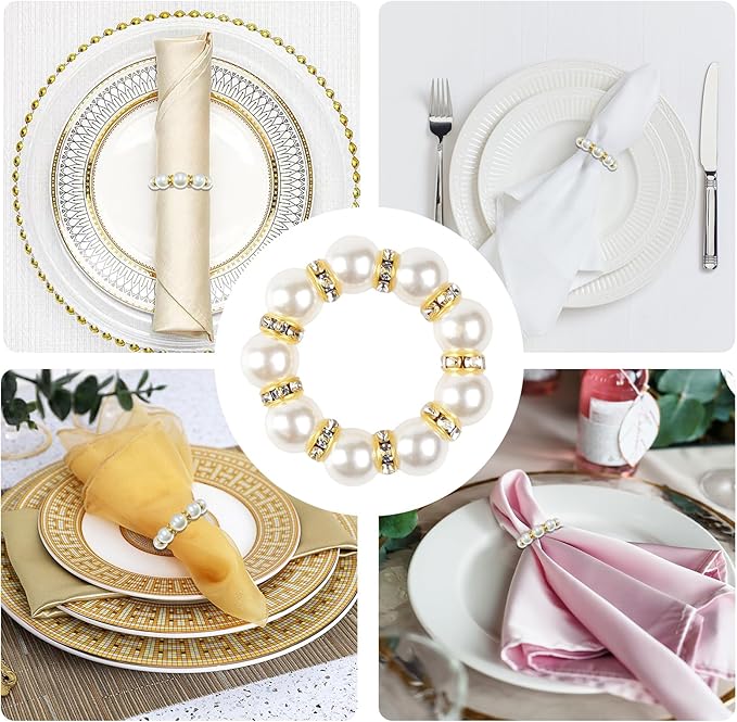 20PCS Gold Napkin Rings Imitation Pearl Napkin Rings Napkin Holder Elegant Round Napkin Buckles Beaded for Wedding Party Dinner Holiday Christmas Thanksgiving Day Home Table Decoration(White and Gold)