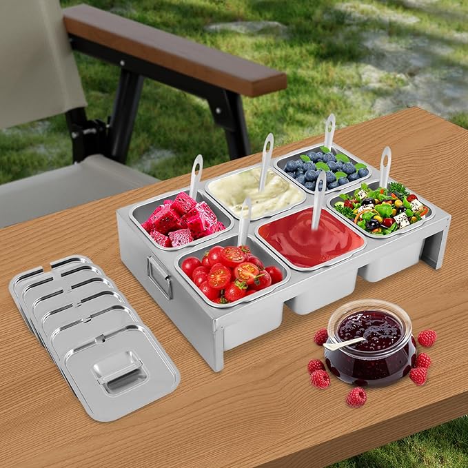 6 Pans Ice Food Serving Display Container, Stainless Steel Serving Tray Catering Supplies Buffet Display Condiment Dispenser Plate Case with Acrylic Replaceable Lids for Restaurant Hotel Kitchen