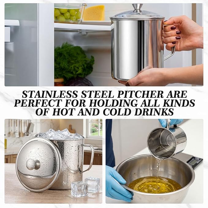2 Pack Stainless Steel Pitcher with Lid, 2.5 Liters/ 84 oz Large Capacity Water Jug with Handle, Portable Measuring Cup Metal Mug for Milk Frothing, Tea, Coffee, Dishwasher Safe