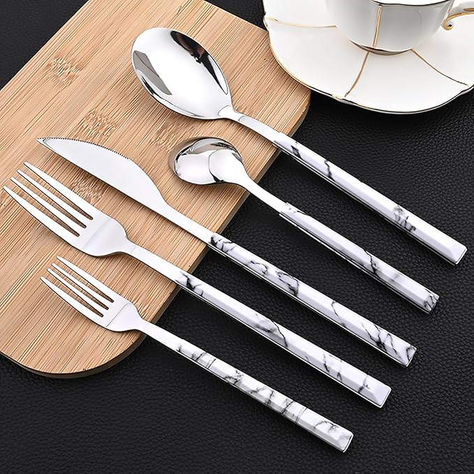 30pcs Marble Handle Flatware Set, Stainless Steel Cutlery Set Include Knife/Fork/Spoons, Mirror Polish, Service for 6 (White Silver)