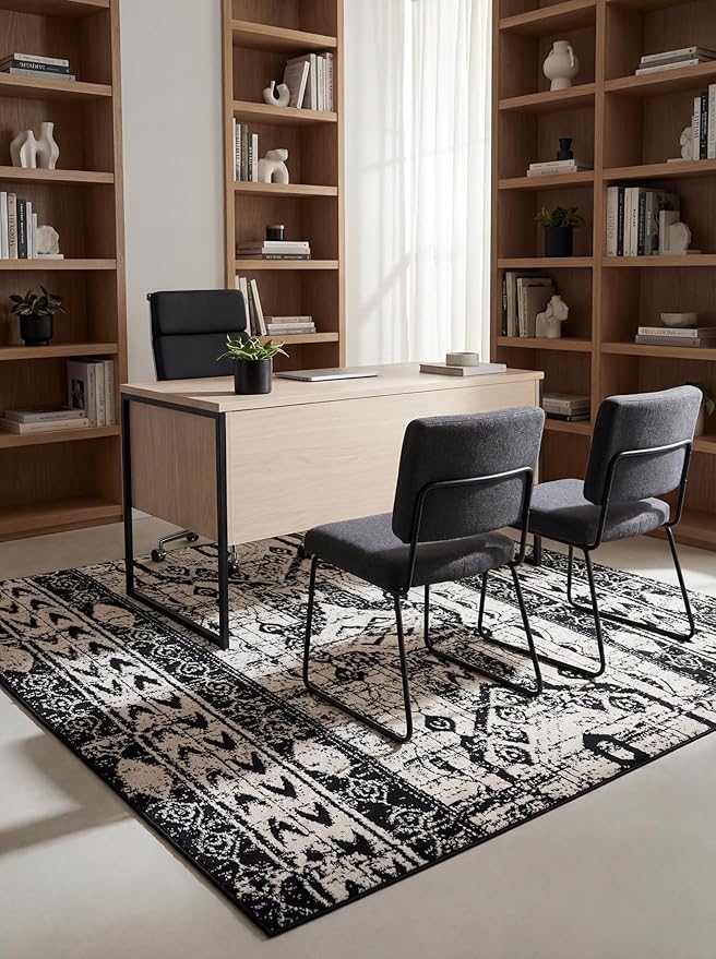 Rugs.com Oregon Collection Rug – 4 Ft Square Black and White Low-Pile Rug Perfect for Living Rooms, Kitchens, Entryways