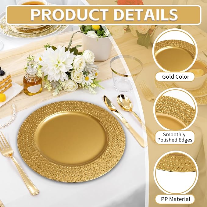 PROY 100 Pcs Gold Charger Plates Bulk,13 Inch Leaf Trim Antique Charger Plate, Plastic Reusable Round Charger Platters for Table Setting, Wedding, Party, Event