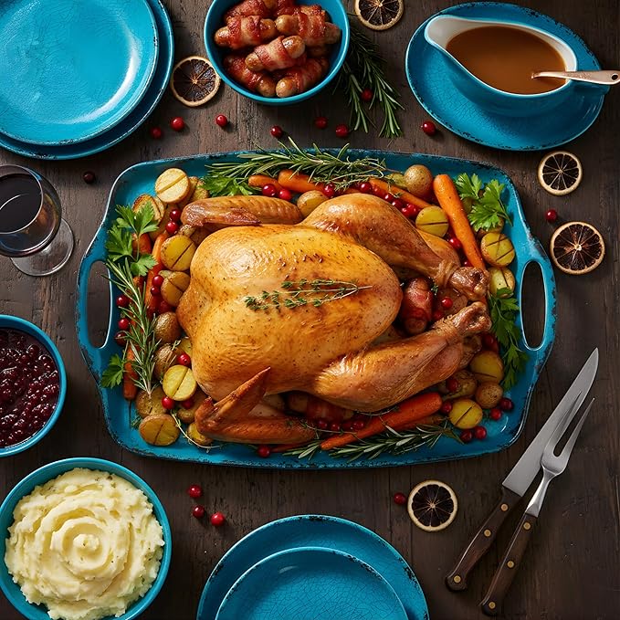 TP Large Serving Trays with Handles, 19" x 12" Melamine Serving Platters for Food, Turkey, Set of 2 Rectangular Trays for Party, Retro Teal