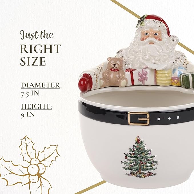 Spode Christmas Tree Santa 9-Inch Nut Bowl – Decorative Earthenware Bowl for Candies, Nuts, Desserts & Holiday Treats – Elegant Christmas Tableware with 22-Karat Gold Accents