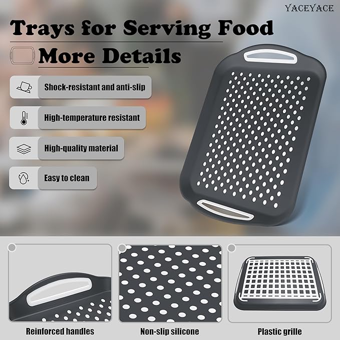 Serving Trays, 2 Pack of Grey Serving Trays, Non Slip-Food Trays with Handles, Trays for Serving Food, Party, Drink, Dining, Cake
