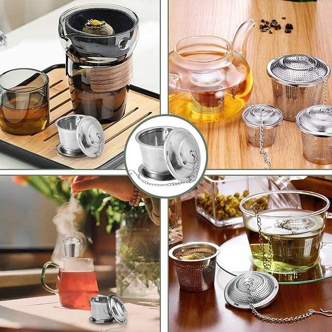 2 Pack Tea Strainers for Loose Tea, Extra Fine Mesh 18/8 Stainless Steel Tea Infuser, Loose Leaf Tea Steeper Tea Diffuser with Extended Chain Hook and Drip Tray (Small)