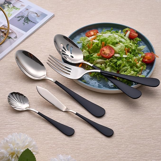 10 Pieces Black Serving Set, 18/0 Stainless Steel Hostess Set, Slotted Serving Spoon, Salad Serving Spoon/Fork, Butter Knife, Two Color Combinations, Dishwasher Safe