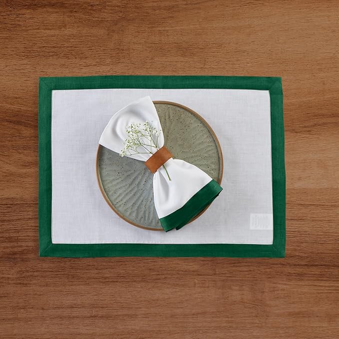 Solino Home Linen Napkins Set of 4-100% Pure Linen Rainforest and White Dinner Napkins Cloth 20 x 20 Inch for Winter, Christmas - Classic, Handcrafted and Machine Washable