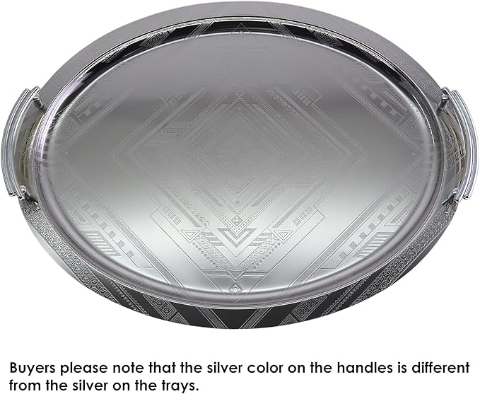 16.9 inch x 13.3 inch Oblong Chrome Plated Serving Tray with Handles Stylish Design Floral Engraved Edge Decorative Party Wedding Dessert Buffet Wine Platter Plate Gift Base NC-097