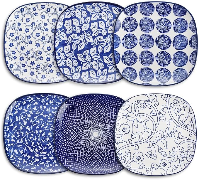 Selamica Porcelain Square Dessert Salad Pasta Plates 7.6 inches ceramic plates set of 6 microwave/dishwasher/oven safe, Vintage Blue