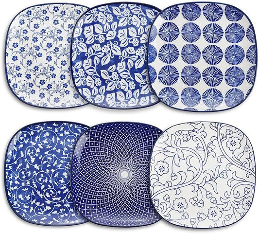 Selamica Porcelain Square Dessert Salad Pasta Plates 7.6 inches ceramic plates set of 6 microwave/dishwasher/oven safe, Vintage Blue