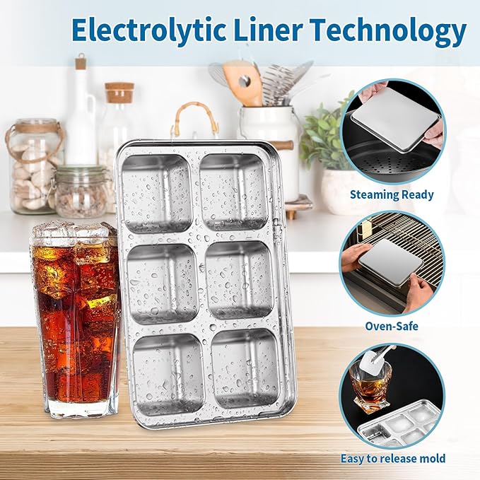 Stainless Steel Ice Cube Trays with Lid, Easy Release Durable Metal Ice Mold for Freezer, Ideal for Whiskey, Cocktails & Drinks (2 Pack)