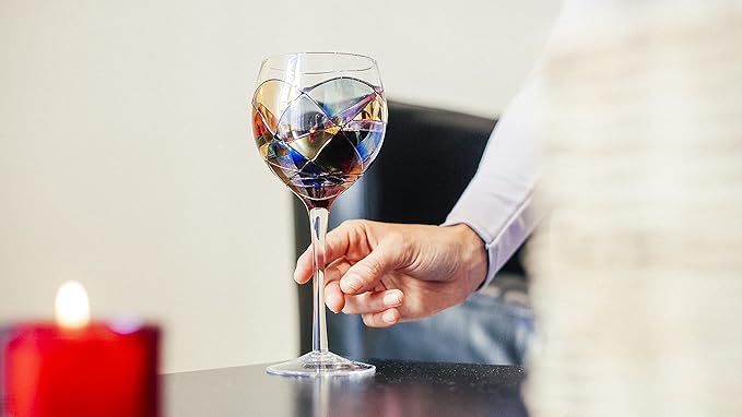 Victoria Barcelona Wine Glasses Hand-Painted Stemmed 14 oz Luxury Gift Women & Men Unique Art Gaudi Inspired by Sagrada Familia Red Murano Stained Glass Christmas Wedding Birthday Anniversary (Set 1)