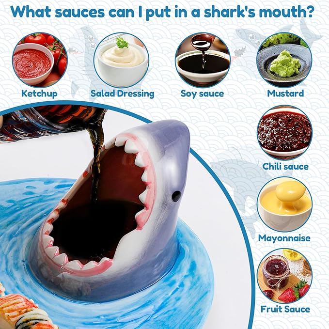 Shark Plates, Upgraded 3-in-1 Shark Sushi Plate, Shark Sushi Plate, Shark Plate with Sauce Compartment, Food Safe Material, Microwave/Oven/Refrigerator/Dishwasher Safe (ellipse)