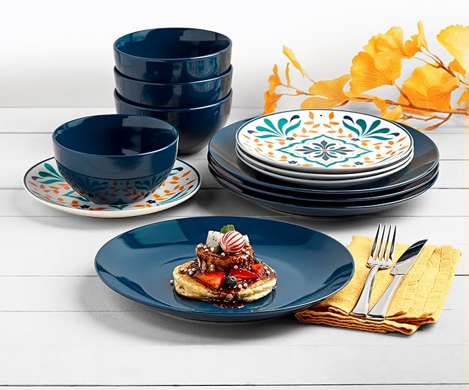Tabletops Gallery 12-Piece Isabella Patterned Ceramic Dinnerware Set of Kitchen Dishes, Dinner Plates, Cereal Bowls, Service for 4, Blue