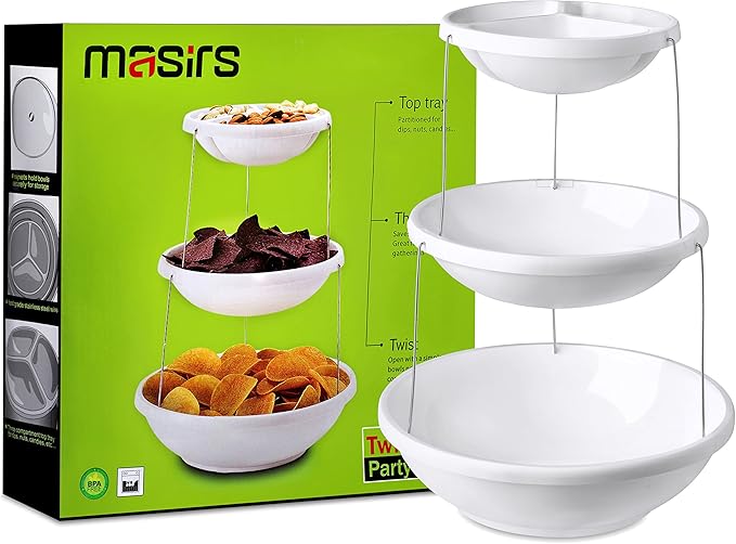 Masirs 3-Tier Collapsible Bowl: Decorative Design Folds for Minimal Storage. Ideal for Serving Snacks, Salad, and Fruit. Top Bowl Divided into Three Sections.