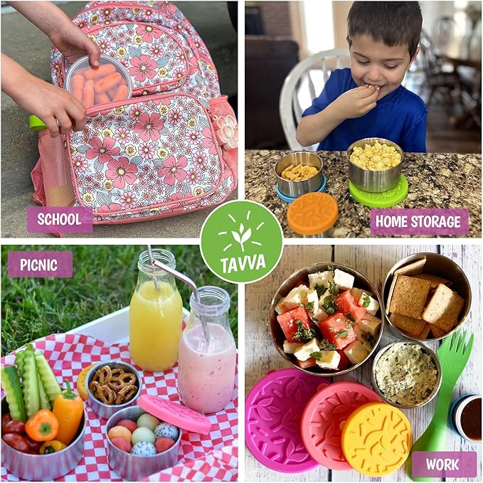 TAVVA Stainless Steel Lunch Containers for Kids [12oz/ 7oz/ 3oz] - BPA-Free Metal Lunchbox with Leakproof Silicone Lids - Lunch Box for Kids - Small Snack Food Containers with Lids - Dishwasher Safe
