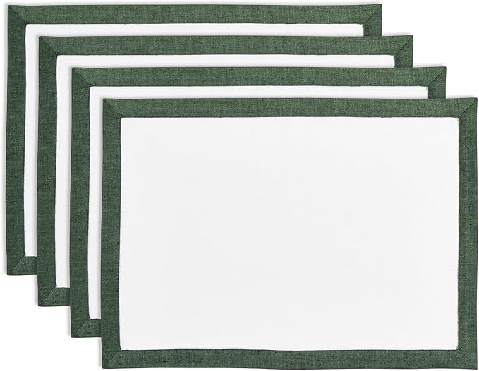 Solino Home Linen Placemats Set of 4 - Forest Green and White Placemats 14 x 19 Inch - 100% Pure Linen Table Place Mats for Winter, Christmas - Classic, Handcrafted and Machine Washable