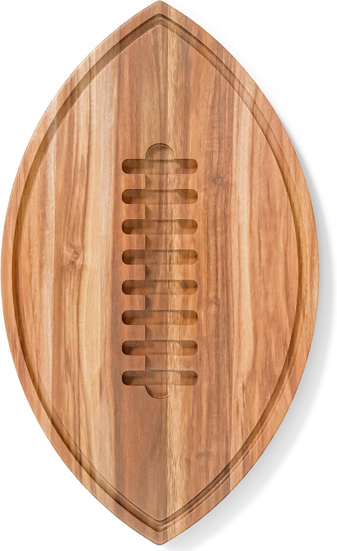 Football Shaped Cutting Board – Acacia Wood Charcuterie Tray – Wooden Football Serving Platter for Super Bowl Parties, Tailgate Hosting & Gifts