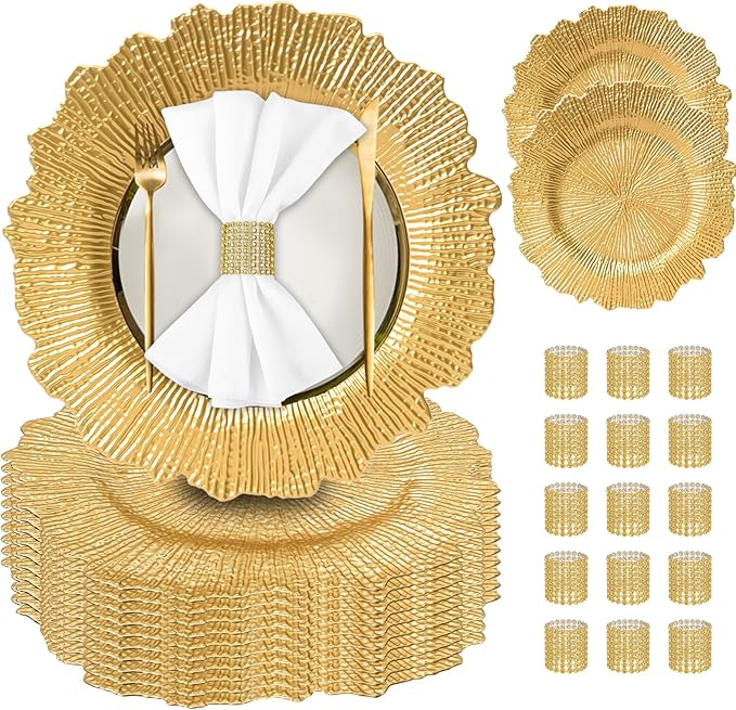 PROY 200Pcs Charger Plates Set Bulk, 100 Pcs 13'' Gold Reef Charger Plates 100 Napkin Ring for Dinner, Gold Chargers for Table Setting, Wedding