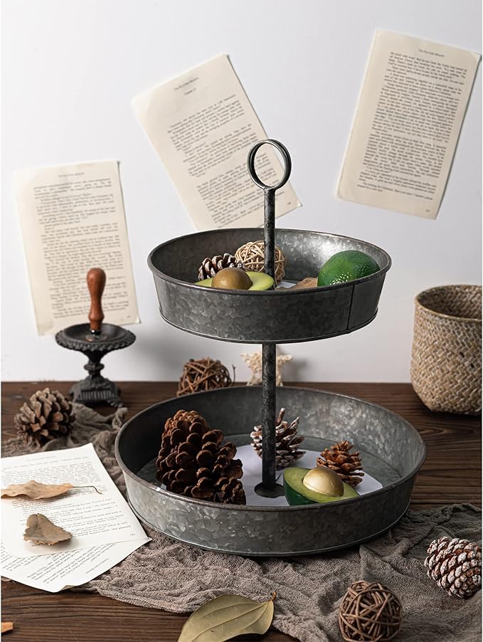 FLORA Farmhouse 2 Tiered Galvanized Serving Tray Stand with Carry Handle, Rustic Metal Display Tray for Cupcake Dessert Fruit, Perfect for Indoor or Outdoor Party Home Décor