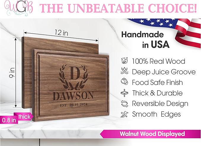 Personalized Chopping Block Custom Engraved Laurel Initial Design (#011) Wedding or Anniversary-Housewarming or Corporate Gift USA Handmade by Wedding Gift Boutique