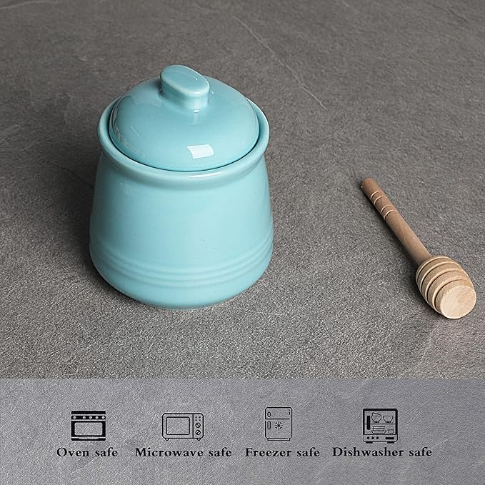 LEETOYI Porcelain Honey Jar with Lid and Honey Dipper,Ceramic Honey pot,12oz (Turquoise)
