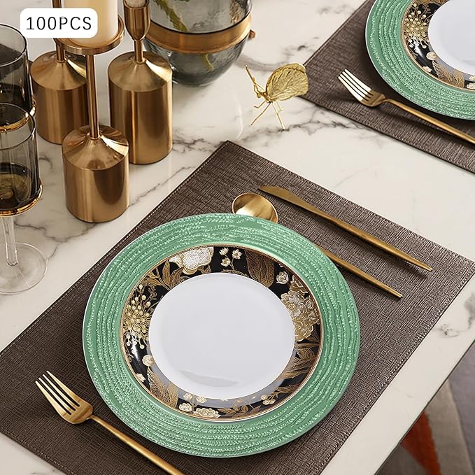 100 Pack Chargers for Finner Plates, 13 Inch Plastic Round Bright Charger Plates Bulk, Wedding Decoration for Table Setting Wedding Party Event Tabletop (Green)