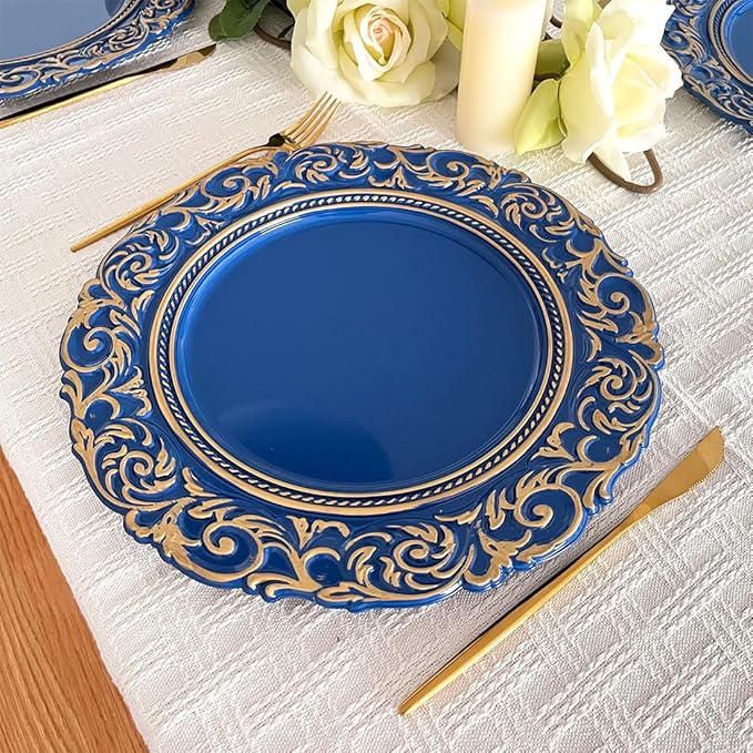 Antique Charger Plates with Gold Rim, 13 Inch Royal Blue Dinner Plate Chargers Round Server Ware, Set of 6 Plastic Embossed Charger for Dinner, Wedding, Elegant Tableware Decor