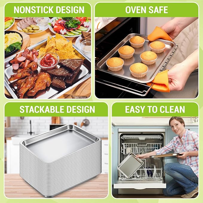 6 Pcs 7.5 x 5.5 Inch Small Baking Sheet Silver Tray Stainless Steel Baking Pan Cookie Sheet Rectangle Mirror Finish and Rust Free Easy Clean and Dishwasher Safe Bakeware Oven Tray for Roasting