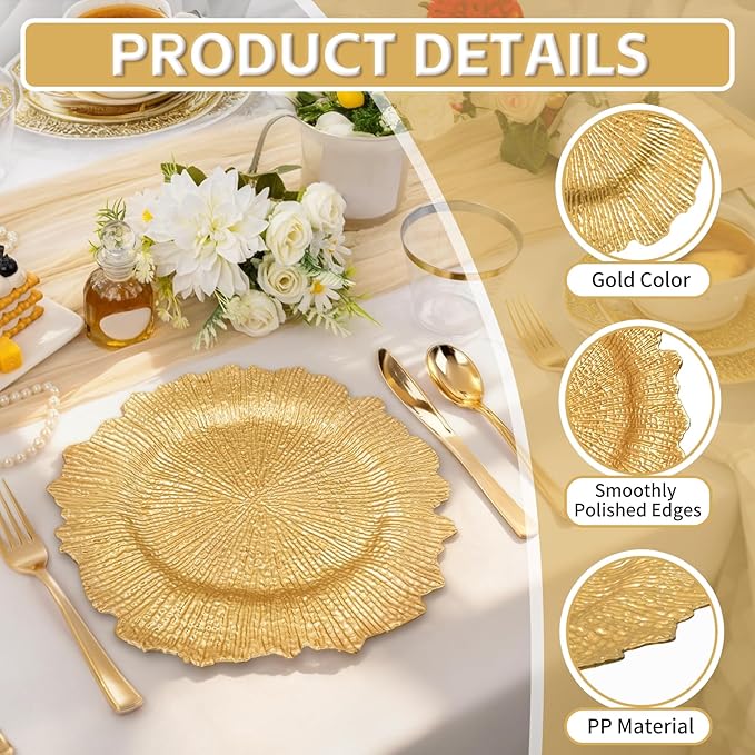PROY 200Pcs Charger Plates Set Bulk, 100 Pcs 13'' Gold Reef Charger Plates 100 Napkin Ring for Dinner, Gold Chargers for Table Setting, Wedding