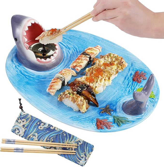 Shark Plates, Upgraded 3-in-1 Shark Sushi Plate, Shark Sushi Plate, Shark Plate with Sauce Compartment, Food Safe Material, Microwave/Oven/Refrigerator/Dishwasher Safe (ellipse)