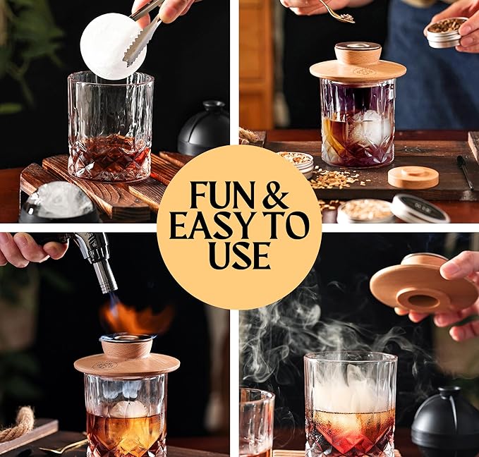 Cocktail Smoker Kit - Whiskey Bourbon Drink Smoker with Torch, Custom Top, 2 Ice Ball Makers, 4 Flavors Wood Chips - Smokers for Whiskey Drinks - Cocktail Drink Smoking Kit - Unique Gifts for Him