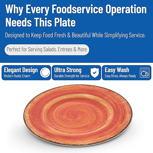 Carlisle FoodService Products Mingle Resuable Plastic Plate Dinner Plate with Pottery Style for Home and Restaurant, Melamine, 9 Inches, Fireball, (Pack of 12)