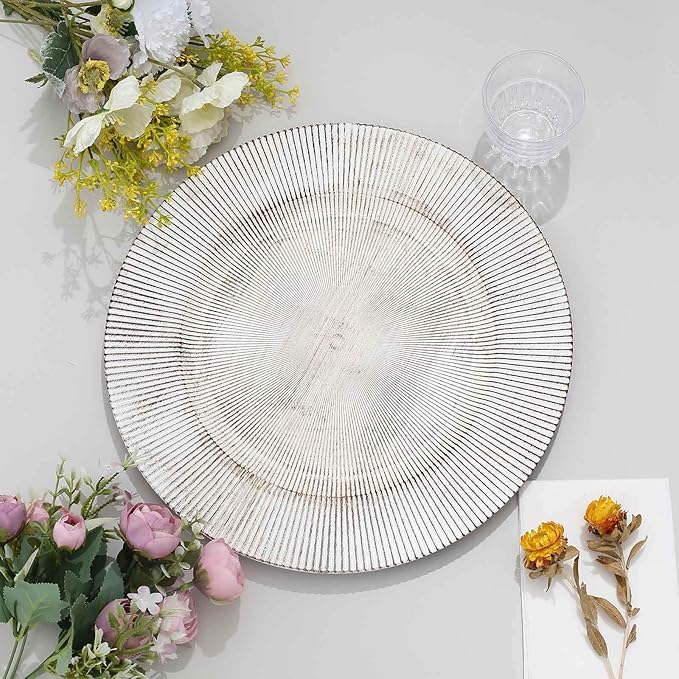 Efavormart 6 Pack | 13" White Washed Sunray Rim Faux Wood Plastic Charger Trays, Round Disposable Serving Plates