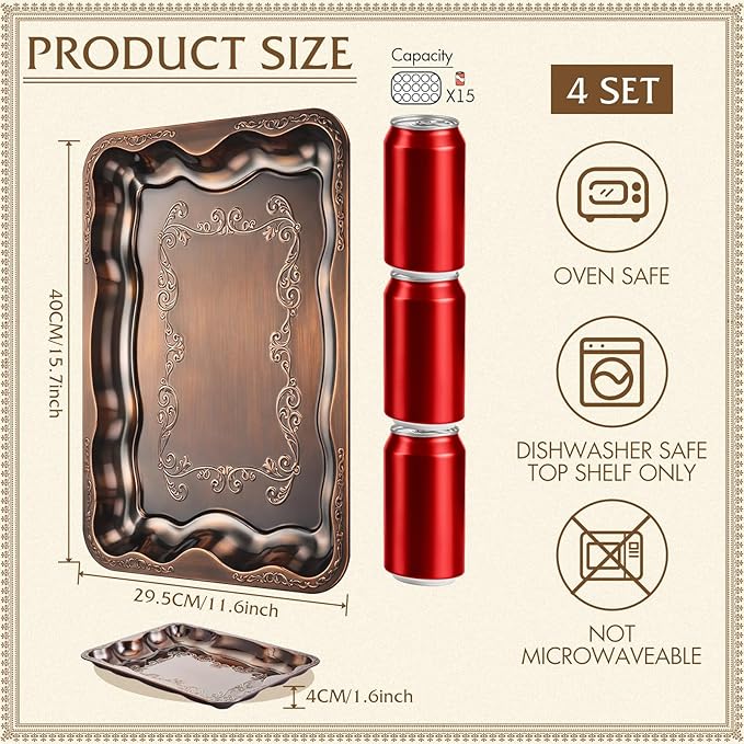 4 Pack Bronze Serving Trays Set for Party, Butterfly Floral Bronze Platter Engraved Mirror Tray, 15.8 x 11.6 Inches Elegant Metal Plate for Christmas Food Appetizer Cookies Desserts