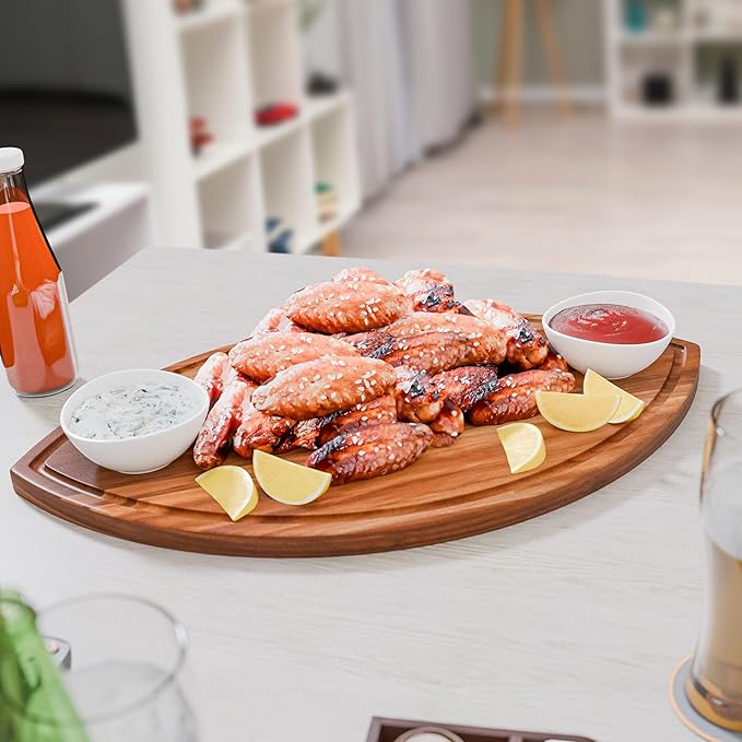 New – Giant Football Shaped Cutting Board – Jumbo Size Acacia Wood Charcuterie Tray – Extra Large Wooden Football Serving Platter for Super Bowl Parties, Tailgate Hosting & Gifts