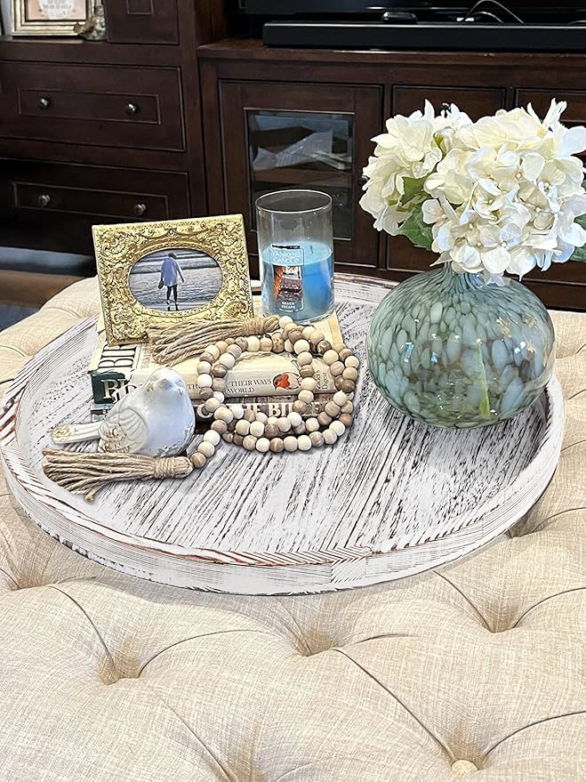 Extra Large Round Ottoman Table Tray 20" - Rustic Wooden Serving Tray for Farmhouse Decorative Oversized Coffee Table Trays Living Room Kitchen Counter Breakfast White