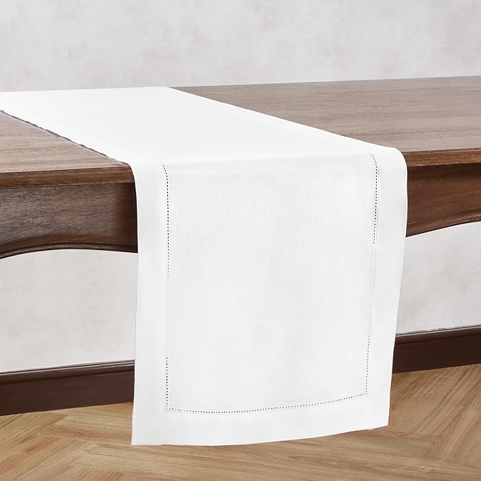 Home Ekaa 100% Pure Linen White Table Runner 14 x 120 Inch Long - Cloth Fabric Hemstitch Runner for Christmas, Fall, Winter, Holiday & New Year - Elara