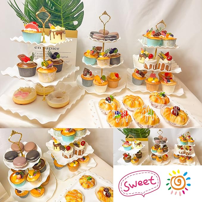 10 Pcs Cupcake Stand Set-Dessert Table Display Set-Cupcake Display Stand-Cupcake Tier Stand With 4x large 3-Tier Cupcake Stands + 6x Appetizer Trays Perfect for Wedding Baby Shower Home Birthday(Wave)