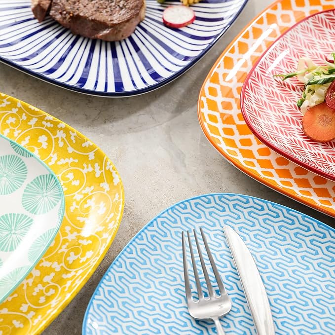 Selamica Porcelain Square Dessert Salad Pasta Steak Plates 10 inches ceramic plates set of 6 microwave/dishwasher/oven safe, Assorted Colors
