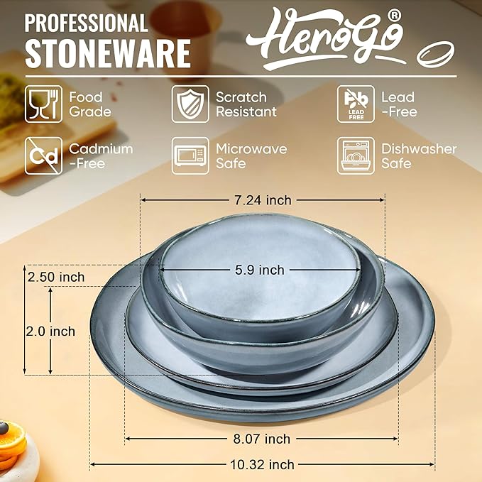 Herogo Stoneware Dinnerware Sets for 6, 24 Piece Ceramic Dinner Dishes Set, Irregular Handmade Plates and Bowls Dishware, Crack and Scratch Resistant, Reactive Glaze, Smoky Blue