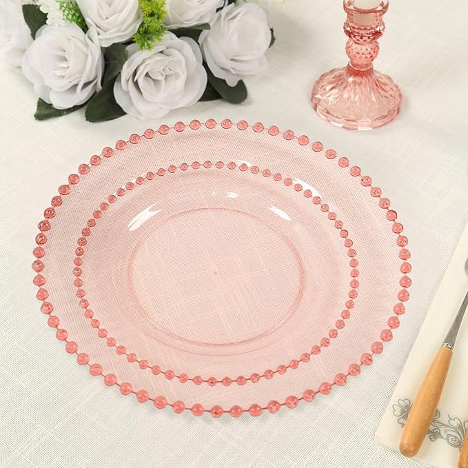 8" Salad Plates - Set of 20 - Plastic Transparent Blush Round Disposable Dessert Appetizer Plate Beaded Rim, Ideal for Dinner Party Wedding Bulk Events
