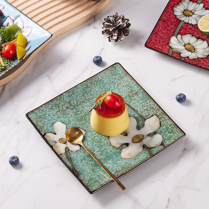 Porcelain Square Dessert Salad Pasta Plates 7.5 inches ceramic plates set of 4 Stackable Dinner Plates for Steak, Pasta, Salad, Snacks, Dessert，Microwave and Dishwasher Safe (Multicolor A, 7.5 Inch)