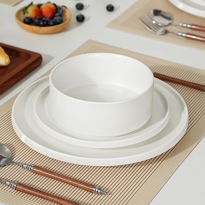 12 Piece Ceramic Dinnerware Set for 4, Modern Minimalist Stoneware Dinner Plates and Bowls, Microwave Safe, Dishwasher Safe, Versatile for All Seasons, Matte White