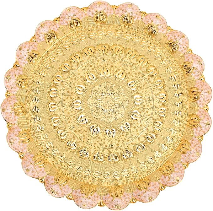 Gold Silver Tray,Gold Turkish Round Coffee Tea Serving Tray Vintage Embossed Pattern Round Coffee Plate for Bar Outdoor Dresser Dessert (Gold)