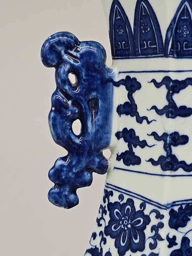 21" Classic Blue and White Hexagonal Porcelain Vase, Figure Dragon Ears Ceramic China Qing Style （D3）