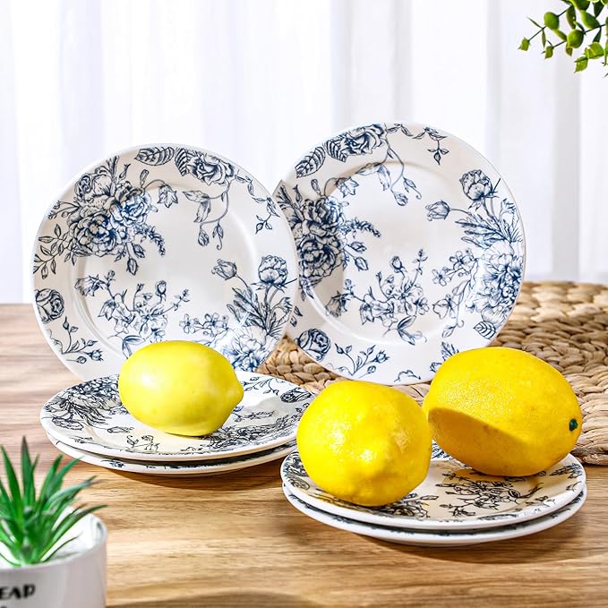 Honeydak 6 Pcs 6 Inch Blue Floral Flower Ceramic Plates Blue and White Porcelain Salad Serving Plate Vintage Dinner Appetizer Dessert Dishes Tableware for Wedding Birthday Tea Party Table Supplies