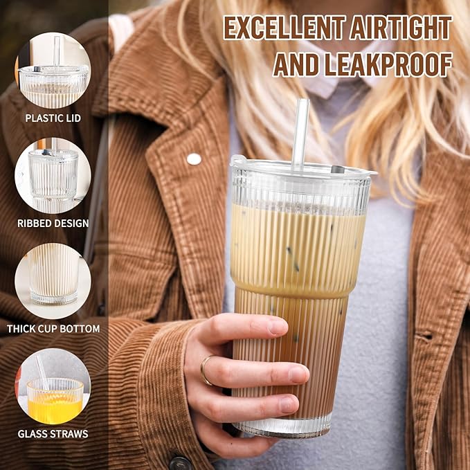 CWHHRN 20 oz Glass Cup with Lid and Straw, Glass Tumbler with Straw and Lid, Vintage Glassware for Whiskey Cocktail Beer, Iced Coffee Cups with Lid (3 PACK)