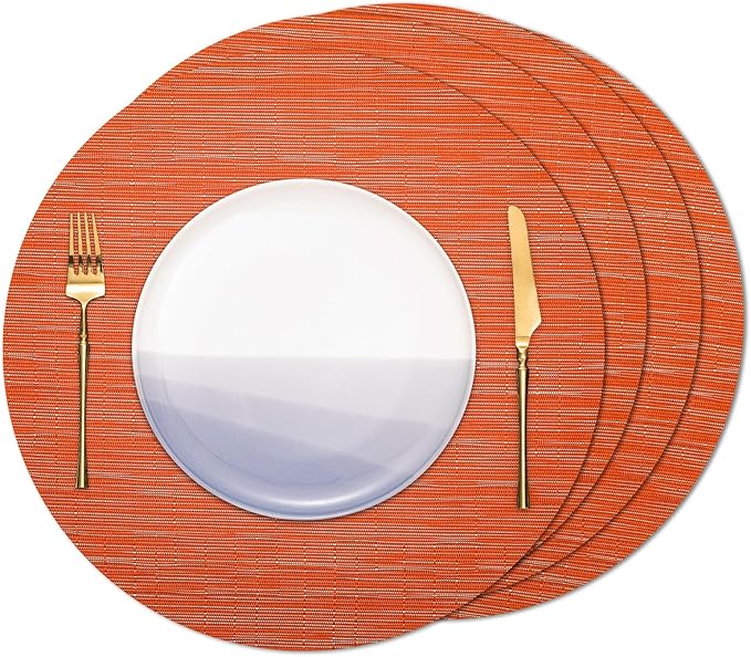 Round Placemats Set of 4 Heat Resistant Vinyl Placemats 15 inch Washable Non-Slip Table Mats Woven Place Mats for Dining Table (Orange, Set of 4)